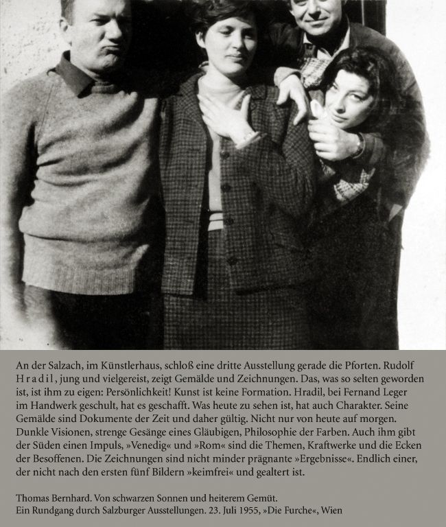 Thomas Bernhard, Gundl Hradil, Monika Drioli, Leo Bond. Foto: Rudolf Hradil. Anlässlich eines Besuchs in Ohlsdorf, zu Beginn der siebziger Jahre.