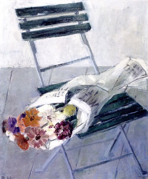 Gartenstuhl mit Blumenstrauß, Öl/Leinwand, 1982, Sammlung Essl